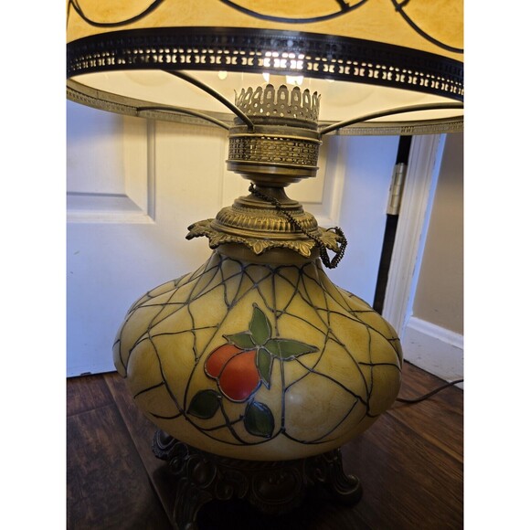 Vintage 23" Hurricane Tiffany Style Table Lamp Hand Painted Floral Gone W/ Wind - Picture 15 of 16